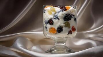Delicious Yogurt With Dried Fruit In A Glass Against Silky Background. photo