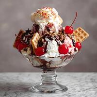 Delicious Ice Cream Sundae Loaded with Toppings and Cherries. photo