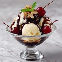 Delicious Ice Cream Sundae Topped With Cherries and Nuts. photo