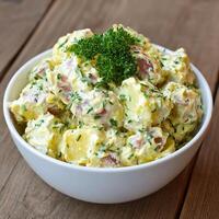 Creamy Potato Salad with Fresh Parsley Garnish on Wooden Table. photo