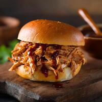 Delicious Pulled Pork Sandwich with Barbecue Sauce on a Bun. photo