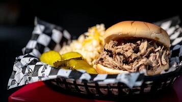 Juicy Pulled Pork Sandwich with Coleslaw and Pickles Served in Basket. photo