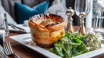 Gourmet Pot Pie Meal with Fresh Salad and Creamy Sides. photo