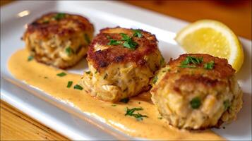 Delicious Crab Cakes with Creamy Sauce and Lemon Wedge Presentation. photo