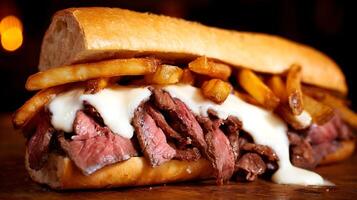 A Juicy Steak and Cheese Sandwich Piled High with Fries and Sauce. photo
