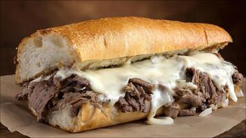 Deliciously Cheesy Steak Sandwich Dripping with Melted Goodness. photo