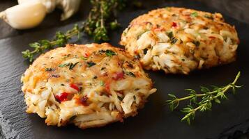 Delicious Gourmet Crab Cakes with Fresh Herbs and Garlic Presentation photo