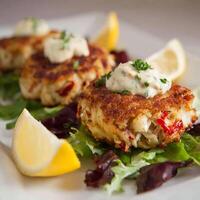 Delicious Golden Brown Crab Cakes with Zesty Lemon and Fresh Greens. photo