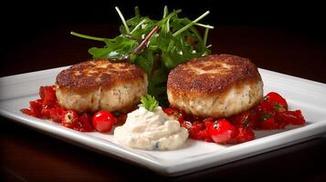 Delicious Crab Cakes with Fresh Salad and Tomato Salsa. photo