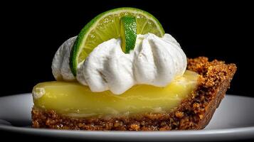 Refreshing Key Lime Pie Slice with Whipped Cream and Lime Garnish. photo