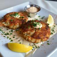 Delicious Crab Cakes with Lemon and Creamy Sauce on a White Plate. photo