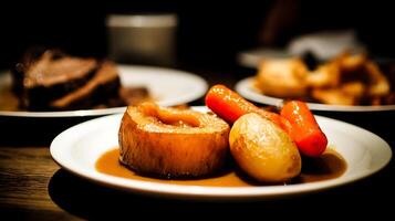 Delicious Roast Dinner with Potatoes and Glazed Carrots. photo