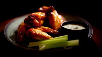 Juicy Chicken Wings with Blue Cheese Dip and Celery Sticks. photo