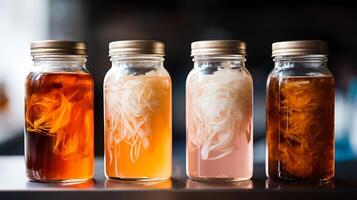 Four Jars of Infused Liquids Showcasing Diverse Natural Ingredients and Colors. photo