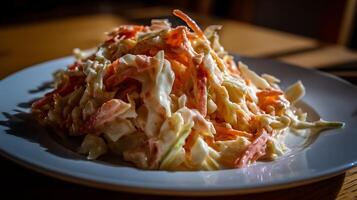 Refreshing Coleslaw Salad with Creamy Dressing on a White Plate. photo