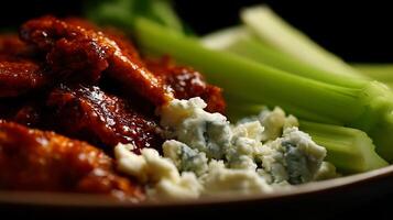 Delicious Spicy Chicken Wings with Blue Cheese and Celery Sticks. photo