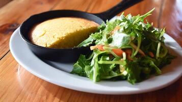 Delicious Cornbread and Fresh Salad Served in a Cast Iron Skillet. photo