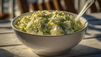 Fresh Coleslaw in a White Bowl with a Spoon on a Wooden Table. photo