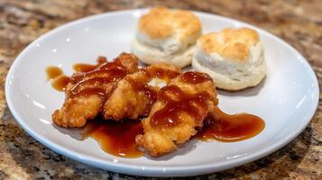 Crispy Fried Chicken Bites Drizzled with Sweet Glaze on a Plate. photo