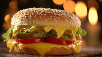 Delicious Cheeseburger With Melted Cheese and Soft Bun, Food Photography. photo