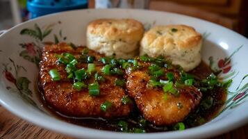 Delicious Chicken and Biscuits Smothered in Savory Sauce with Green Onions. photo