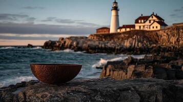 Peaceful lighthouse overlooking dramatic waves crashing on rocky shore. photo