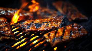 Juicy BBQ Ribs Sizzling Over Fiery Grill Grates with Sauce. photo