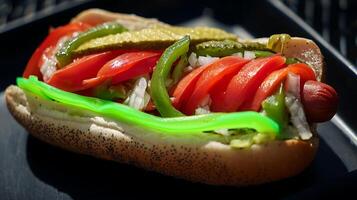 A Delicious Hot Dog Packed With Fresh Toppings Under Sunlight. photo