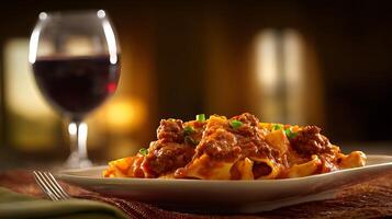 Hearty Beef Ragu Pasta with a Glass of Red Wine. photo