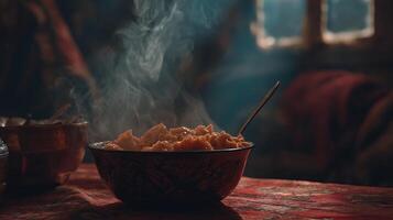 Steaming Comfort Food Served in an Ornate Bowl on a Textured Table. photo