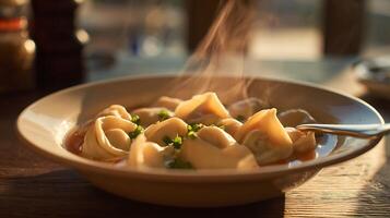 Warm Steaming Bowl of Dumplings Ready to Be Enjoyed photo