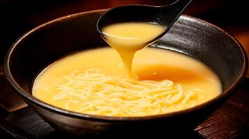 Hot Noodle Soup Being Poured into a Bowl with a Spoon. photo