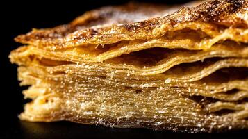 Close Up Macro Shot of Delicious Golden Layers of Pastry with Powdered Sugar. photo