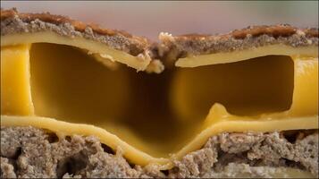 Macro View of Melted Cheese and Savory Filling Layers. photo