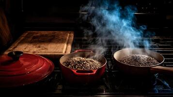 Roasting Grains in Red Dutch Ovens with Visible Steam Effect. photo