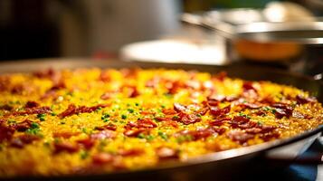 Delicious Paella dish with vibrant colors and appetizing textures. photo