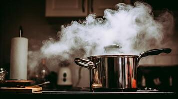 Steam rising from a pot on a stove in a kitchen. photo