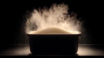 Fine Powder Exploding Upwards in Golden Light and Dark Atmosphere. photo