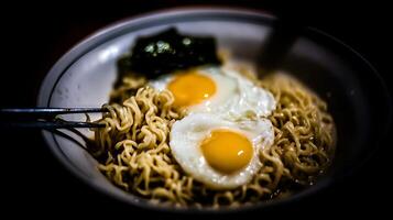 Delicious Instant Noodles with Fried Eggs and Seaweed Close Up. photo