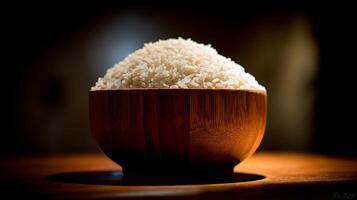 A Bowl of White Rice on a Wooden Surface with Dramatic Lighting. photo