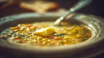 Steaming Bowl of Hearty Vegetable Soup with Melting Butter. photo
