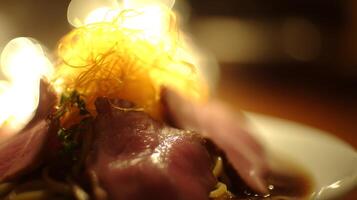 Gourmet Meat Dish with Golden Garnish and Soft Bokeh Lights. photo