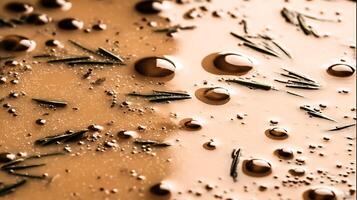 Close up of water droplets on a creamy surface with herbs. photo