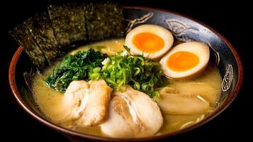 Delicious Japanese Ramen Bowl with Soft Boiled Egg and Chicken photo