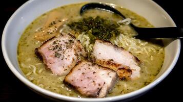 Delicious Pork Ramen Bowl With Flavorful Broth and Toppings. photo