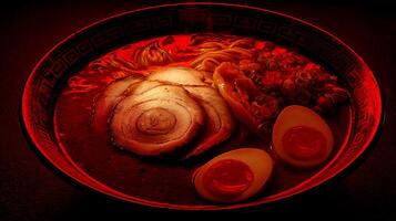 Delicious Ramen Bowl with Pork and Egg Under Red Light. photo