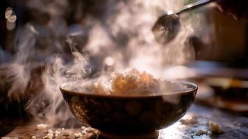 Steaming Hot Rice Bowl with Wisps of Gentle Vapor. photo