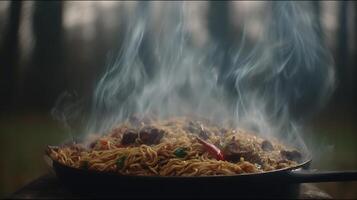 Steaming Noodles in a Skillet, Hot and Delicious Meal Ready to Enjoy. photo