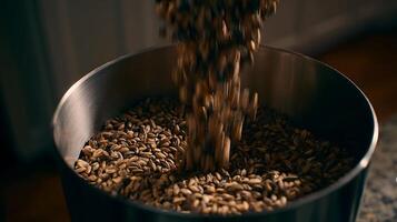 Malted Barley Falling Into A Metal Container During Brewing Process. photo