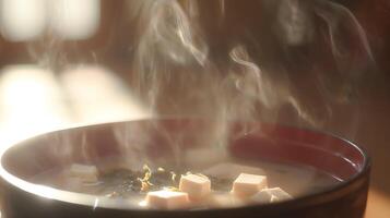 Steaming Bowl of Miso Soup with Tofu and Seaweed in Warm Sunlight. photo